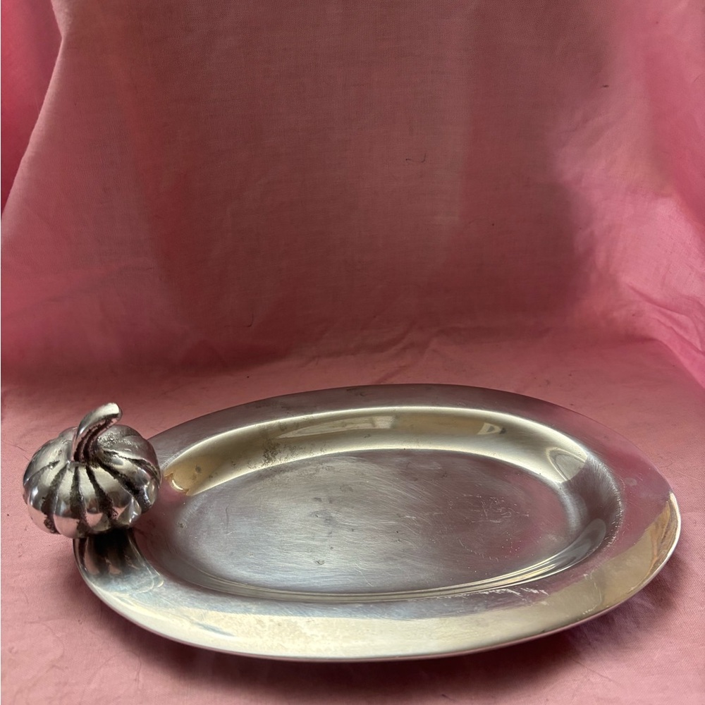 Pewtar Oval Tip Tray with Pumpkin Accent.